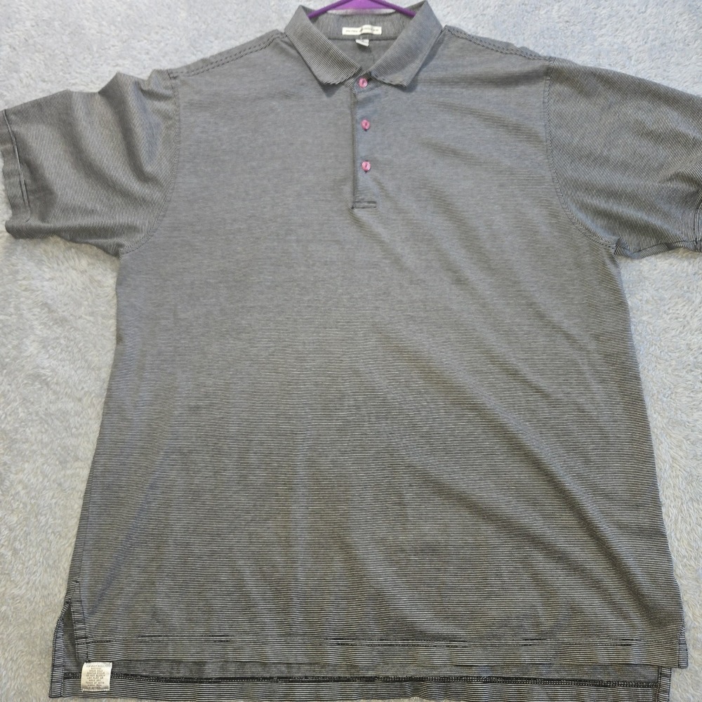 Peter Millar Mens XL Polo Shirt Black White Micro Stripe Cotton Pink Button Golf